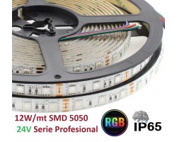 Tira LED Flexible 24V 12W/mt 60 Led/mt SMD 5050 IP65 RGB Serie Profesional, Venta por metros